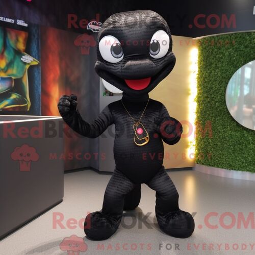 Costume Mascotte Redbrokoly De Serpent Noir Personnage Habillé Avec Un Jegging Et Des Broches