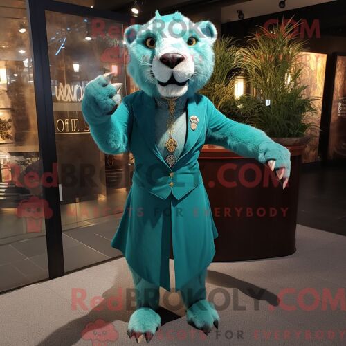 Costume Mascotte Redbrokoly De Smilodon Bleu Sarcelle Habillé Avec Une Robe Fourreau Et Des Broches