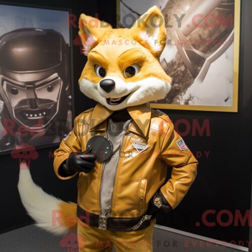 Costume De Mascotte Redbrokoly De Renard Doré Habillé D Une Veste De Moto Et De Sacs Messager