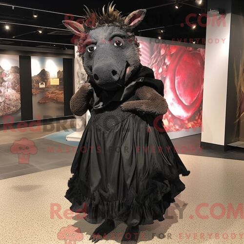 Costume Mascotte Redbrokoly De Sanglier Noir Personnage Habillé Avec Une Robe De Soirée Et Des Bandeaux
