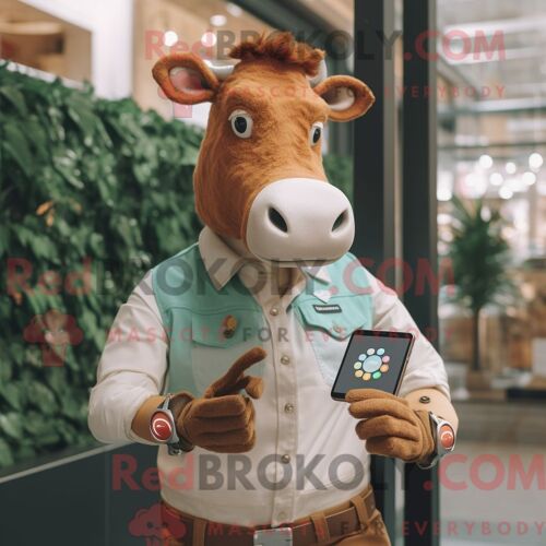 Costume De Mascotte Redbrokoly De Vache De Guernesey Beige Habillé D Une Chemise Boutonnée Et De Montres Intelligentes