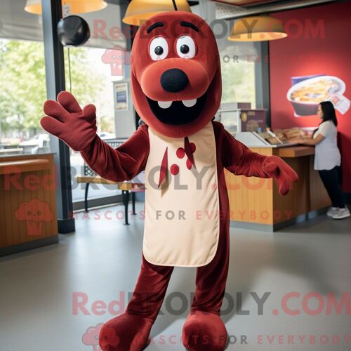 Personnage De Costume De Mascotte Redbrokoly De Hot-Dog Marron Habillé Avec Une Chemise Boutonnée Et Des Bracelets De Cheville