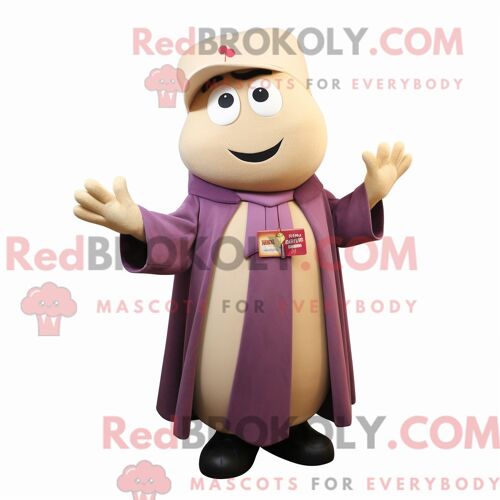 Costume Mascotte Redbrokoly De Personnage De Prune Beige Habillé Avec Une Veste Et Des Châles