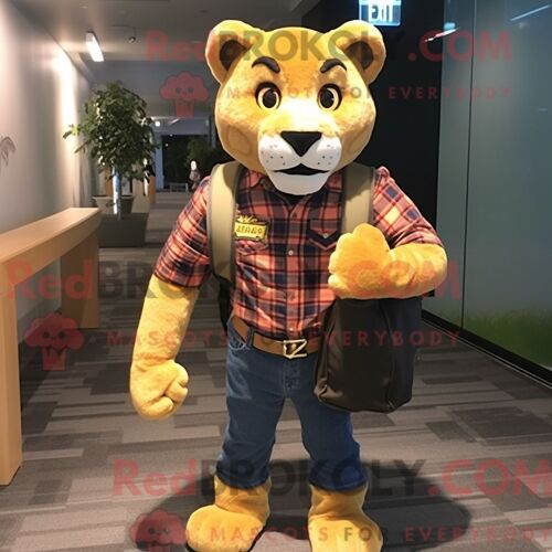 Personnage De Costume De Mascotte Redbrokoly De Lion De Montagne D Or Habillé D Une Chemise En Flanelle Et De Porte-Documents