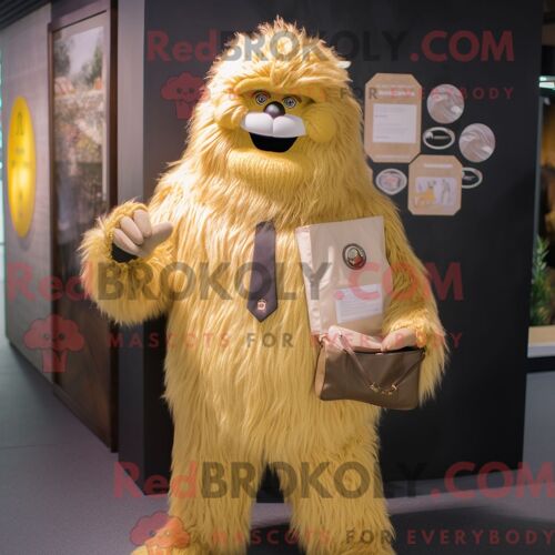 Costume Mascotte Redbrokoly De Yéti Doré Personnage Habillé Avec Un Blazer Et Des Portefeuilles