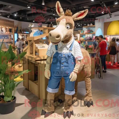 Costume De Mascotte Redbrokoly D Âne Beige Habillé D Un Short En Jean Et De Lacets De Chaussures