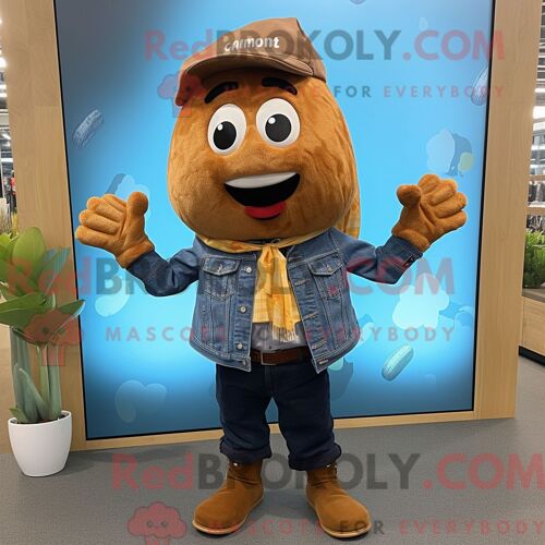 Costume De Mascotte Redbrokoly De Mango Marron Personnage Habillé D Une Chemise En Jean Et De Clips Pour Écharpe