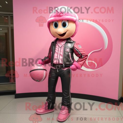 Costume De Mascotte Redbrokoly De Balle De Baseball Rose Personnage Habillé D Une Veste En Cuir Et De Colliers
