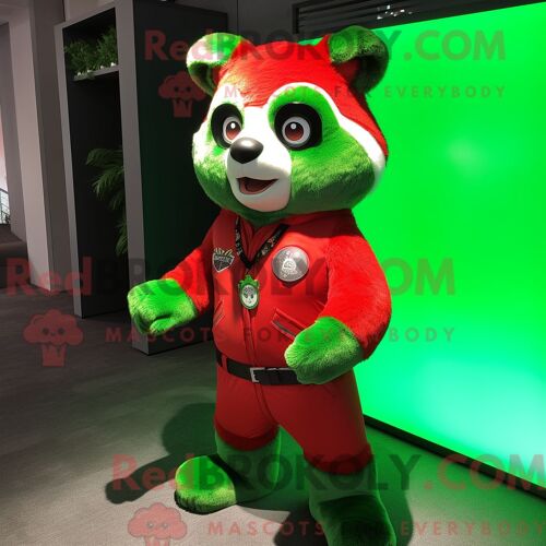 Costume De Mascotte Redbrokoly De Panda Rouge Vert Citron Habillé D Un Costume Et De Colliers