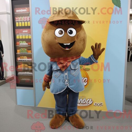 Costume De Mascotte Redbrokoly De Mango Marron Personnage Habillé D Une Chemise En Jean Et De Clips Pour Écharpe