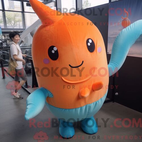 Mascotte Redbrokoly De Narval Orange Costume De Personnage Habillé Avec Un Jean Et Des Pinces À Cheveux
