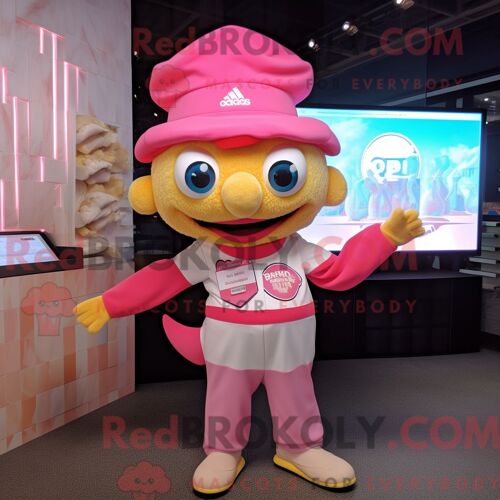 Costume De Mascotte Redbrokoly De Fish And Chips Rose Personnage Habillé Avec Une Barboteuse Et Des Casquettes