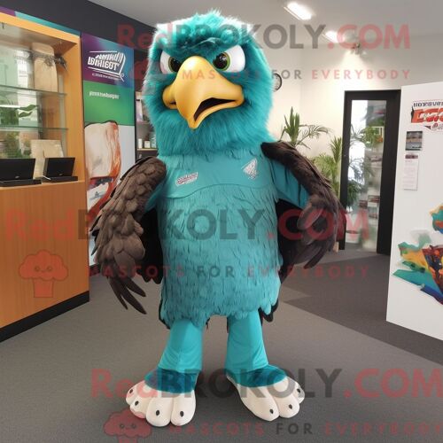 Costume Mascotte Redbrokoly D Aigle De Haast Turquoise Personnage Habillé Avec Un Jean Skinny Et Des Coussinets De Pieds