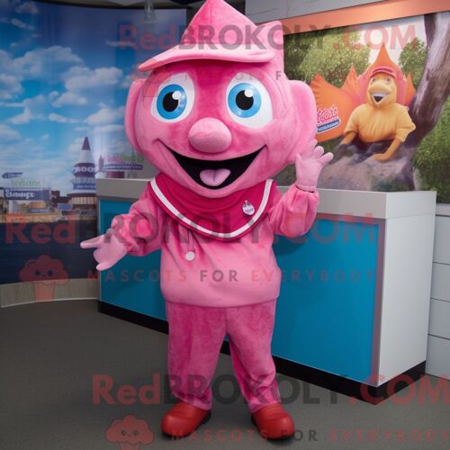 Costume De Mascotte Redbrokoly De Fish And Chips Rose Personnage Habillé Avec Une Barboteuse Et Des Casquettes