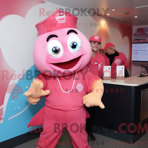 Costume De Mascotte Redbrokoly De Fish And Chips Rose Personnage Habillé Avec Une Barboteuse Et Des Casquettes
