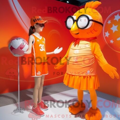 Costume Mascotte Redbrokoly De Poules Orange Personnage Habillé Avec Un Maillot De Bain Une Pièce Et Des Bracelets