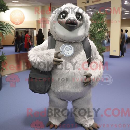 Costume De Mascotte Redbrokoly De Paresseux Géant Gris Habillé Avec Un T-Shirt À Manches Longues Et Des Sacs Messager