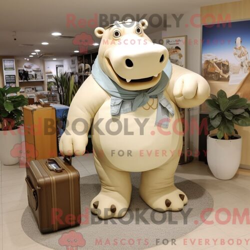 Mascotte Redbrokoly D Hippopotame Beige Costume De Personnage Habillé Avec Un Maillot De Bain Et Des Porte-Documents