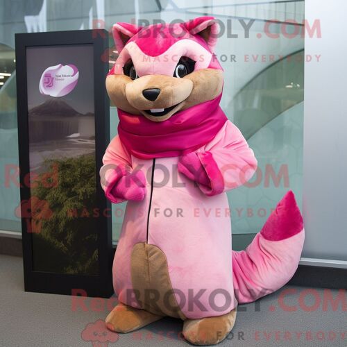 Mascotte Redbrokoly De Martre Rose Costume De Personnage Habillé Avec Un Col Roulé Et Des Boucles D Oreilles