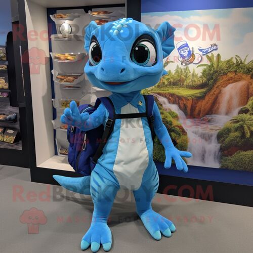 Personnage De Costume De Mascotte Redbrokoly De Geckos Bleus Habillé D'une Robe Trapèze Et De Sacs À Dos