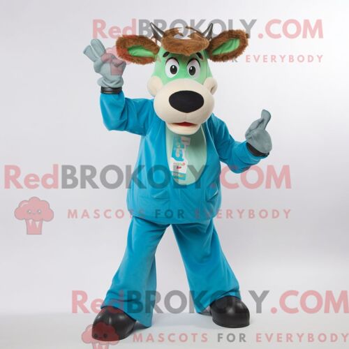Costume De Mascotte Redbrokoly De Vache De Guernesey Turquoise Personnage Habillé D Une Salopette Et De Gants