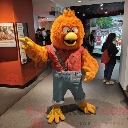 Mascotte Redbrokoly De Personnage De Poulet Orange Habillé D Un Jean Maman Et De Pochettes De Costume