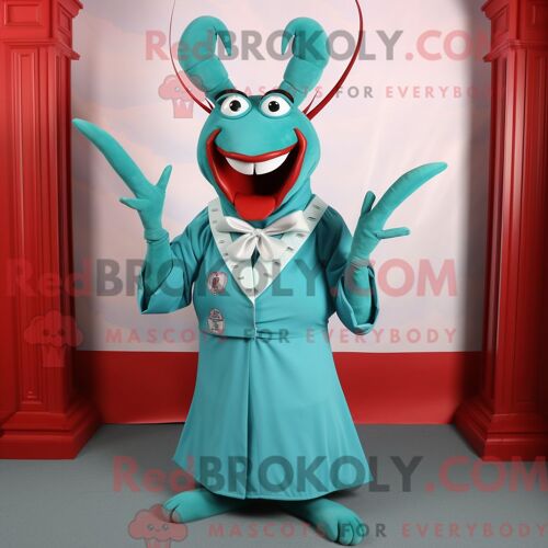 Costume De Mascotte Redbrokoly De Vache De Guernesey Turquoise Personnage Habillé D Une Salopette Et De Gants