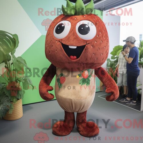Personnage De Costume De Mascotte Redbrokoly De Fraise Marron Habillé Avec Un Jean Skinny Et Des Épingles À Cheveux