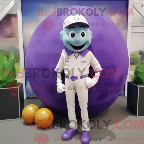 Costume Mascotte Redbrokoly De Boule De Pétanque Lavande Personnage Habillé Avec Un Pantalon Cargo Et Des Montres
