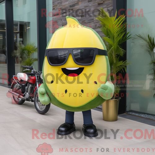 Costume De Mascotte Redbrokoly De Pastèque Jaune Personnage Habillé D Une Veste De Motard Et De Pinces À Cheveux