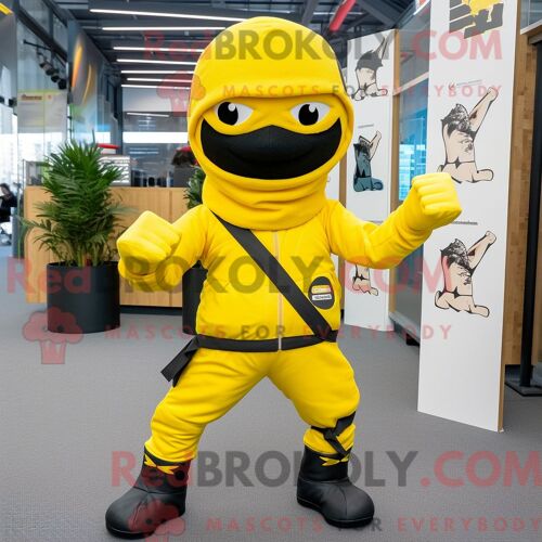 Mascotte Redbrokoly De Ninja Jaune Costume De Personnage Habillé Avec Une Parka Et Des Lacets De Chaussures