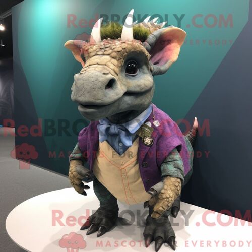Costume De Mascotte Redbrokoly De Tricératops Personnage Habillé D Un Cardigan Et D Épinglettes