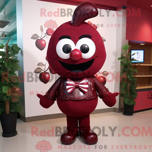 Costume De Mascotte Redbrokoly De Cerise Marron Habillé D Un T-Shirt Et De Noeuds Papillons