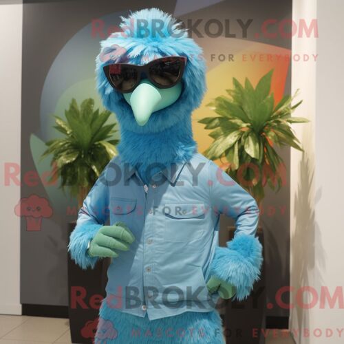 Costume Mascotte Redbrokoly De Cyan Emu Habillé Avec Un Pantalon Et Des Lunettes De Soleil