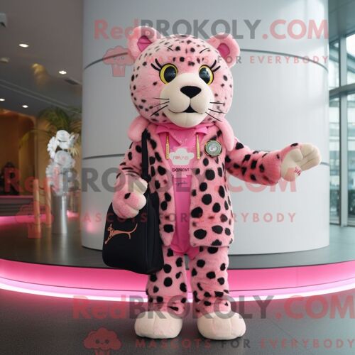 Costume De Mascotte Redbrokoly De Léopard Rose Habillé Avec Une Veste Et Des Sacs À Main