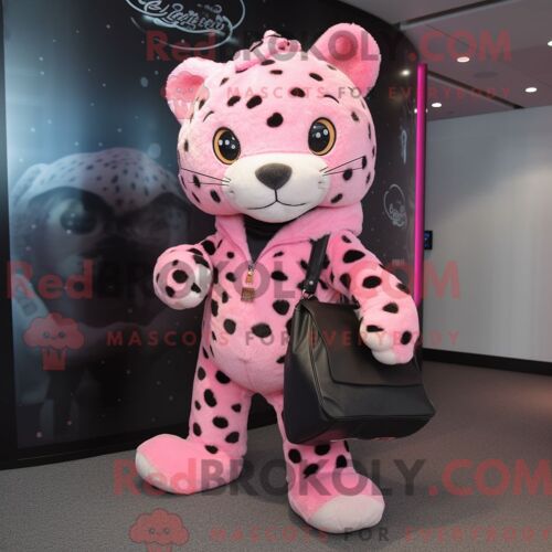 Costume De Mascotte Redbrokoly De Léopard Rose Habillé Avec Une Veste Et Des Sacs À Main