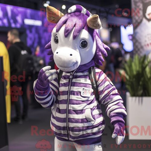 Costume De Mascotte Redbrokoly De Zèbre Violet Habillé D Un Blouson Aviateur Et De Bonnets