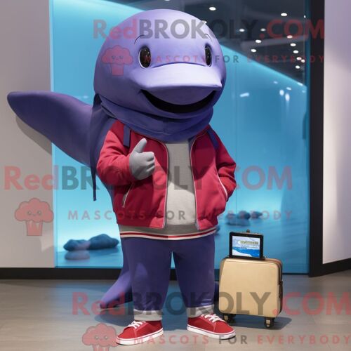 Personnage De Costume De Mascotte Redbrokoly De Baleine Bleue Marron Habillé Avec Un Sweat-Shirt Et Des Portefeuilles