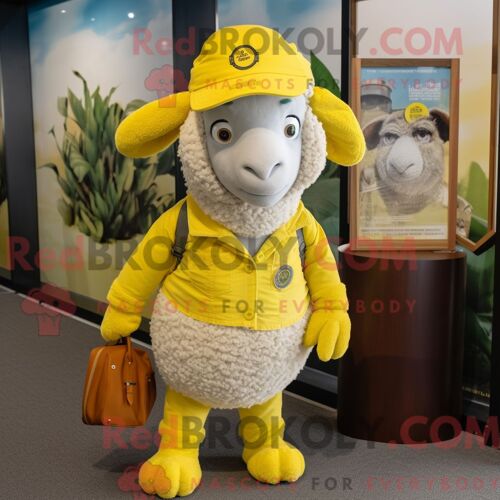 Costume De Mascotte Redbrokoly De Mouton Mérinos Jaune Citron Habillé D Un Jean Évasé Et De Bérets