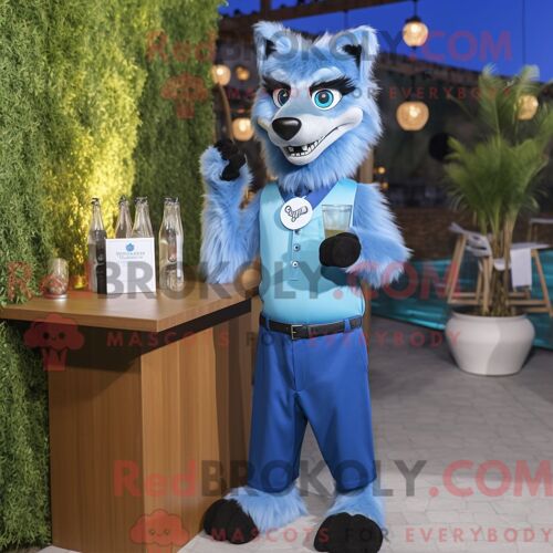 Costume Mascotte Redbrokoly De Blue Say Wolf Habillé Avec Une Robe De Cocktail Et Des Montres Intelligentes