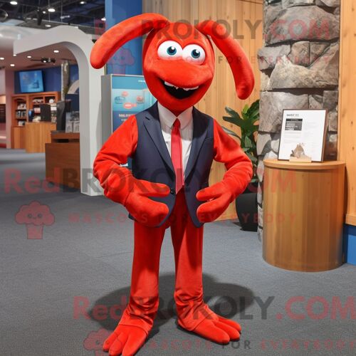Personnage De Costume De Mascotte Redbrokoly De Biscuit De Homard Rouge Habillé D Un Pantalon De Costume Et De Pinces À Cheveux