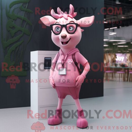 Costume De Mascotte Redbrokoly De Cerf Rose Habillé Avec Un Jean Skinny Et Des Lunettes