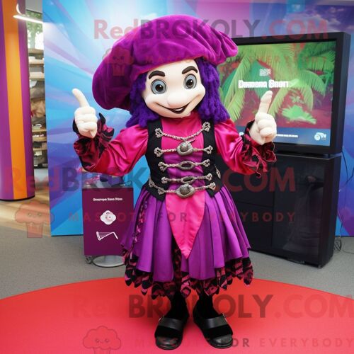 Costume Mascotte Redbrokoly De Pirate Magenta Personnage Habillé Avec Une Robe Midi Et Des Bracelets