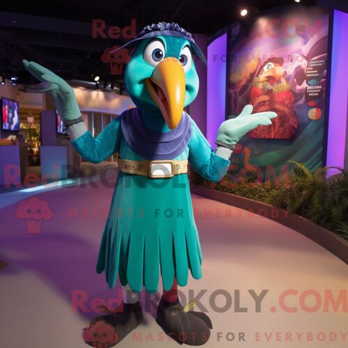 Costume Mascotte Redbrokoly De Toucan Bleu Sarcelle Habillé D Une Robe Et De Bracelets