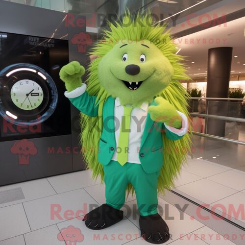 Personnage De Costume De Mascotte Redbrokoly De Porc-Épic Vert Citron Habillé Avec Un Pantalon De Costume Et Des Montres Intelligentes
