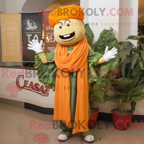 Costume De Mascotte Redbrokoly De Salade César Orange Personnage Habillé Avec Un Jegging Et Des Clips Pour Écharpe