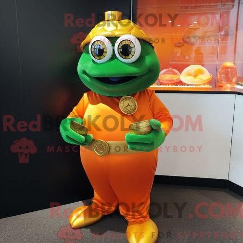 Mascotte Redbrokoly De Personnage Orange Pot Of Gold Habillé D Un Col Roulé Et D Un Bracelet De Montres