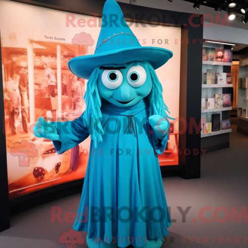 Costume Mascotte Redbrokoly De Sorcière Turquoise Habillé D Une Chemise En Popeline Et De Ceintures