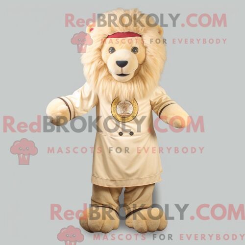 Costume De Mascotte Redbrokoly De Lion Dompteur De Crème Personnage Habillé Avec Une Robe Taille Empire Et Des Bonnets