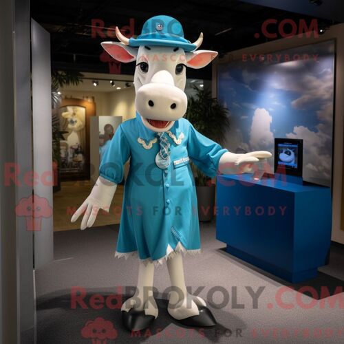 Costume Mascotte Redbrokoly De Zébu Cyan Personnage Habillé Avec Un Pantalon Habillé Et Une Casquette